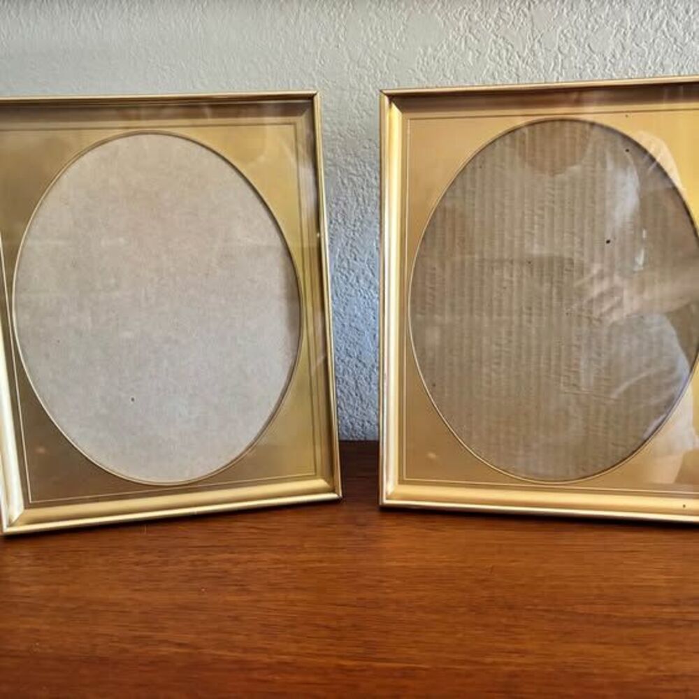 TWO Vintage Brass 11 X 9” Picture Frames with Oval Matting Hang or Stand